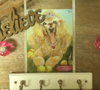 Decorative wall featuring a dog portrait, 'Believe' sign, and hooks.