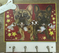 Painting of two French Bulldogs holding a rope toy together.